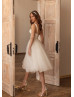 Ivory Satin Tulle Midi Length Exquisite Wedding Dress Ivory Satin Tulle Midi Length Exquisite Wedding Dress